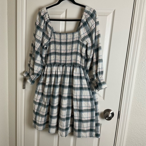 Madewell Lucie Elbow-Sleeve Smocked Mini Dress in Lebaum Plaid Size Medium - Picture 2 of 10
